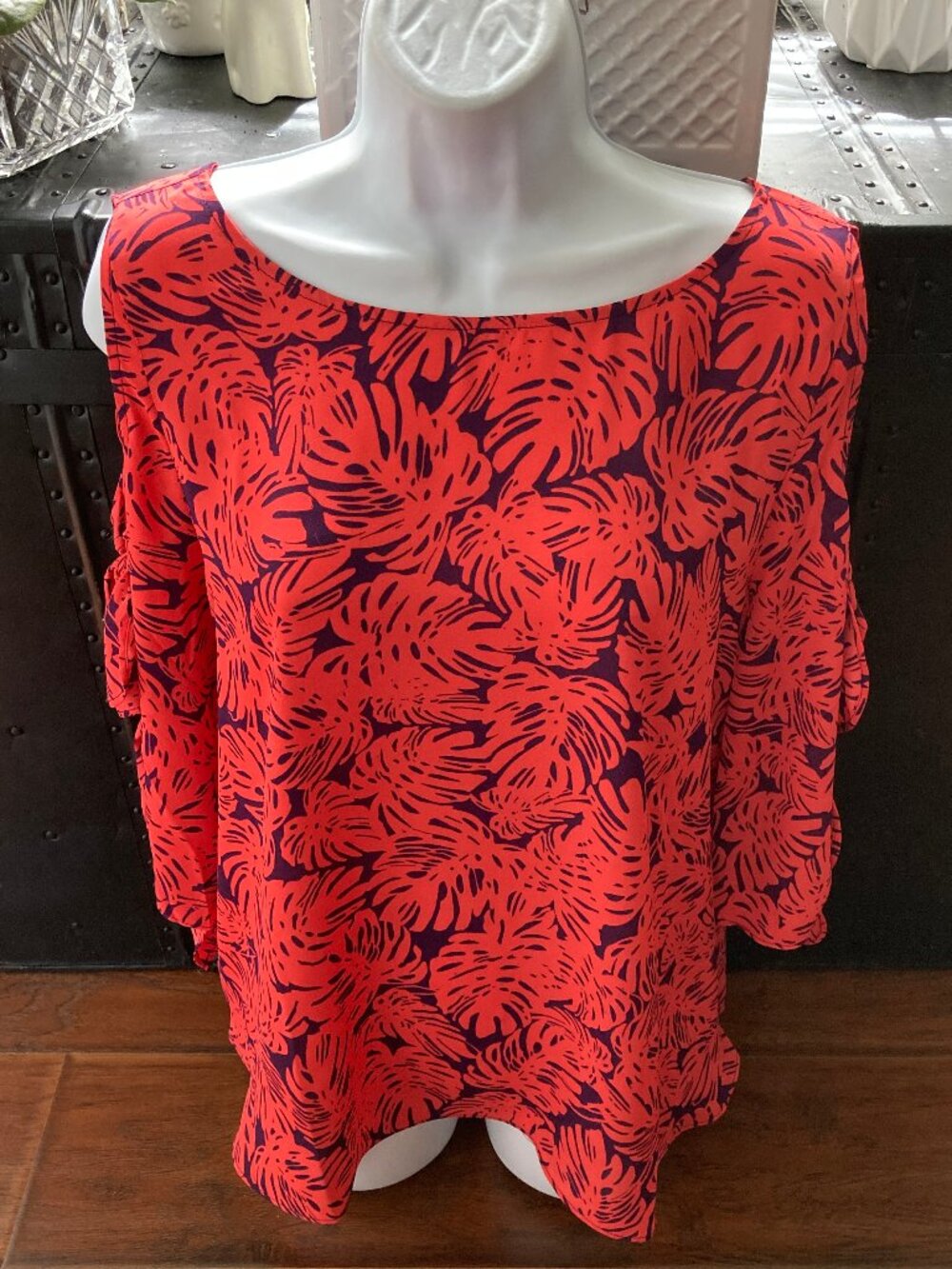 BOLD Elements Orange Wine Floral Open Sleeves Blouse Large NWT